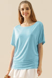 DOLMAN SIDE SLIT SHORT SLEEVE BOAT NECKLINE TEE - Doublju