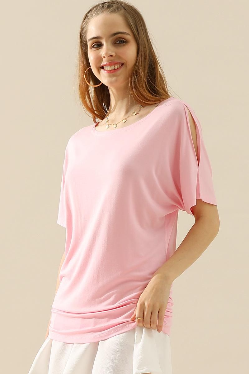 DOLMAN SIDE SLIT SHORT SLEEVE BOAT NECKLINE TEE - Doublju