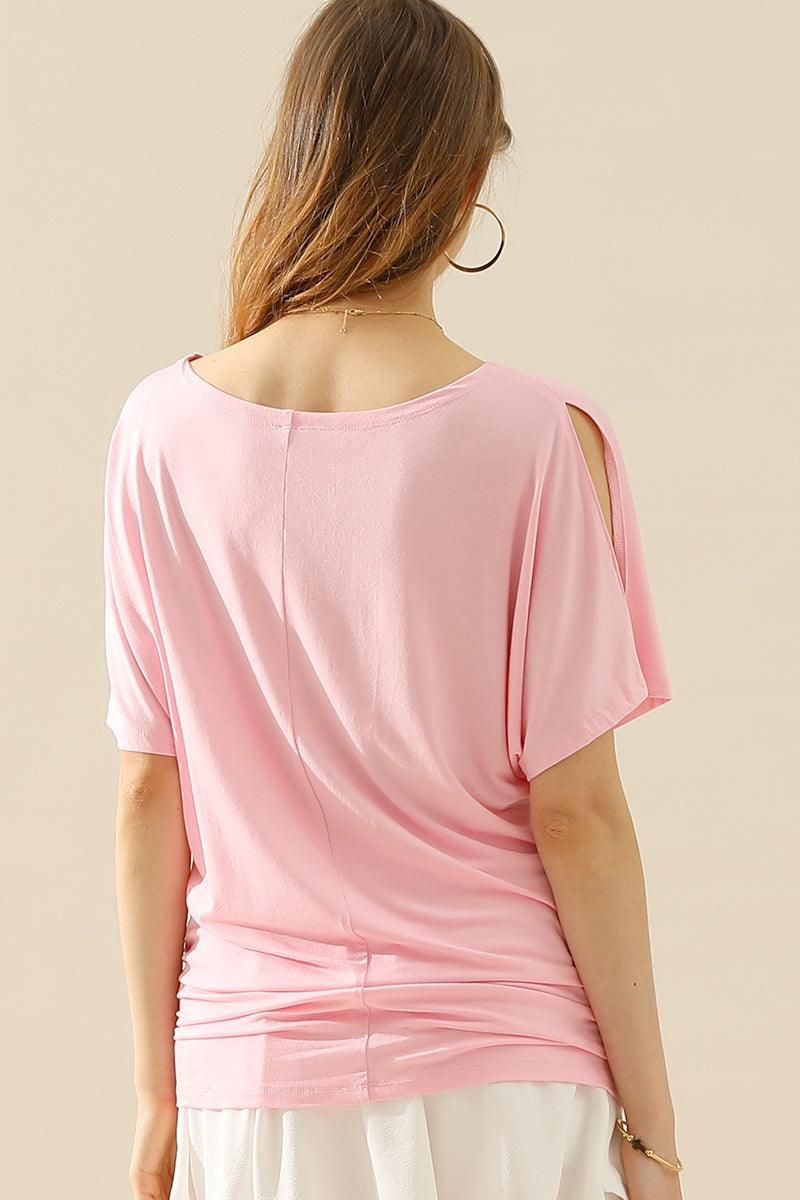 DOLMAN SIDE SLIT SHORT SLEEVE BOAT NECKLINE TEE - Doublju