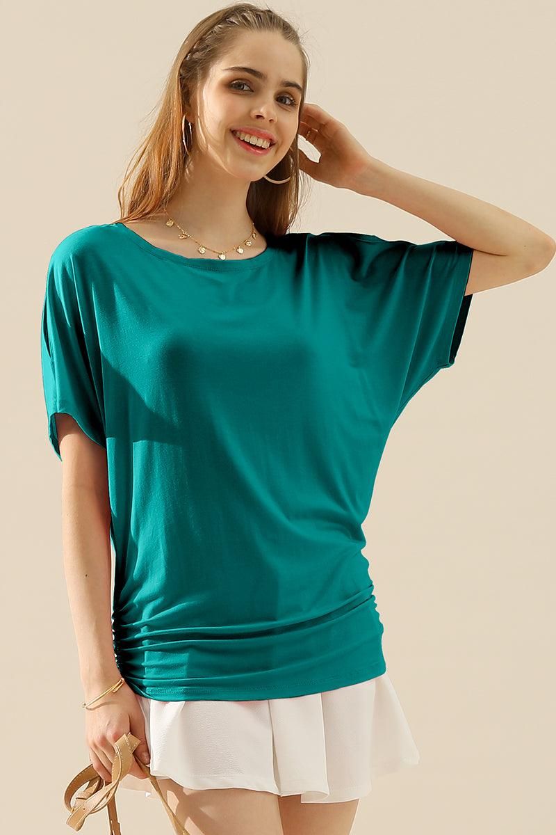 DOLMAN SIDE SLIT SHORT SLEEVE BOAT NECKLINE TEE - Doublju