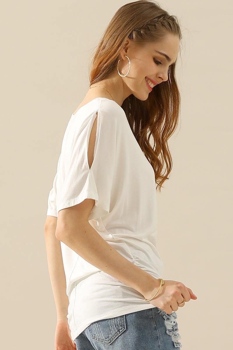 DOLMAN SIDE SLIT SHORT SLEEVE BOAT NECKLINE TEE - Doublju