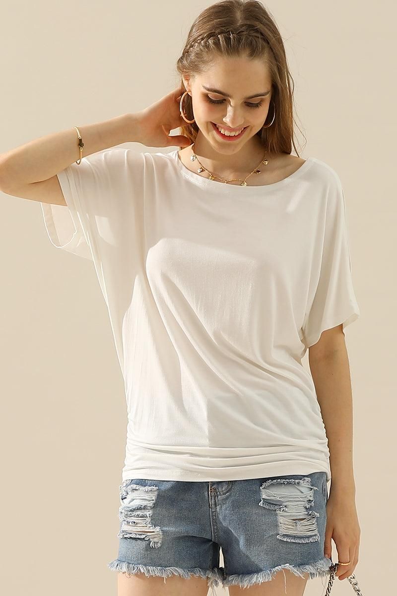 DOLMAN SIDE SLIT SHORT SLEEVE BOAT NECKLINE TEE - Doublju