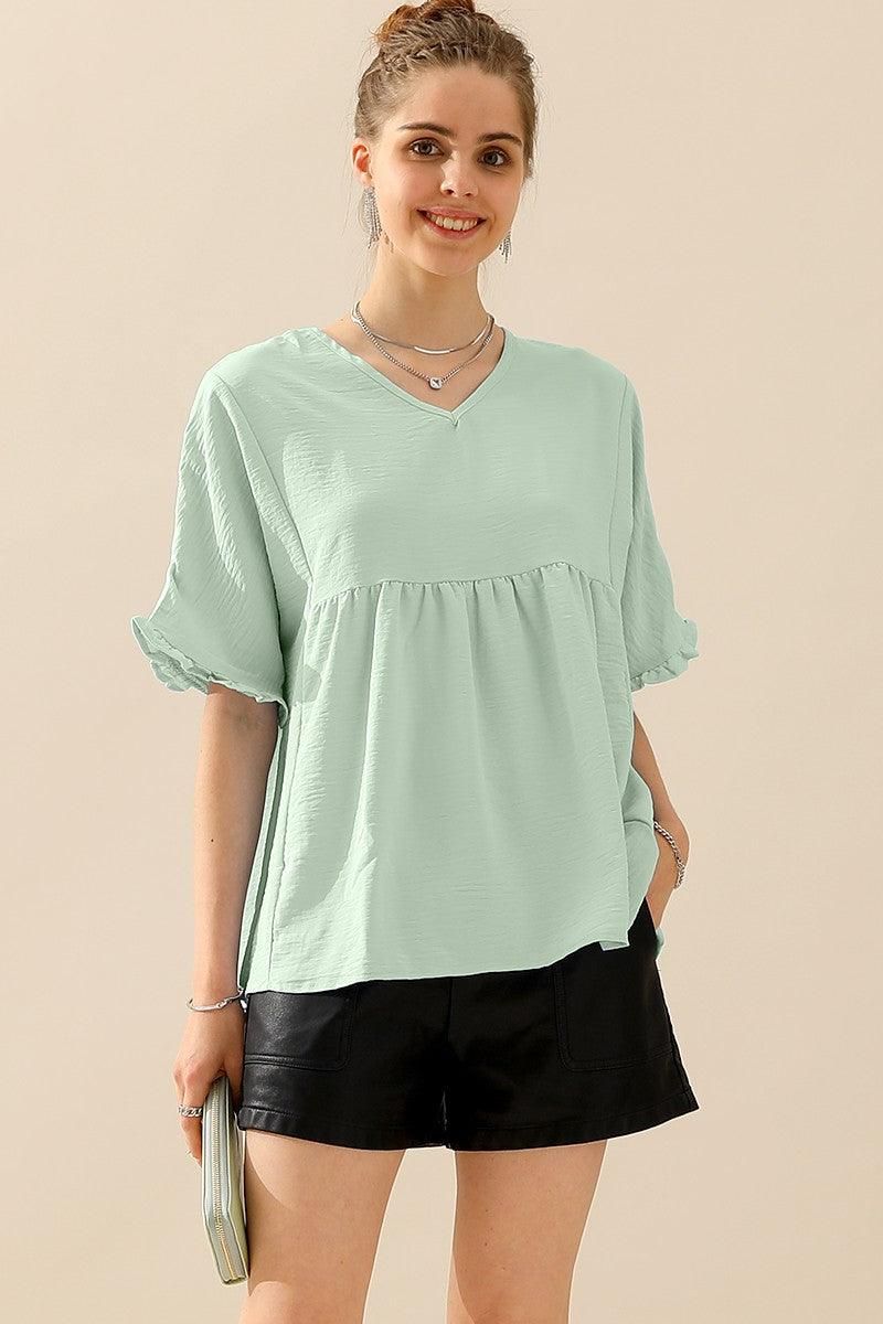 V NECK LOOSE CHIFFON RUFFLED TUNIC TOP - Doublju