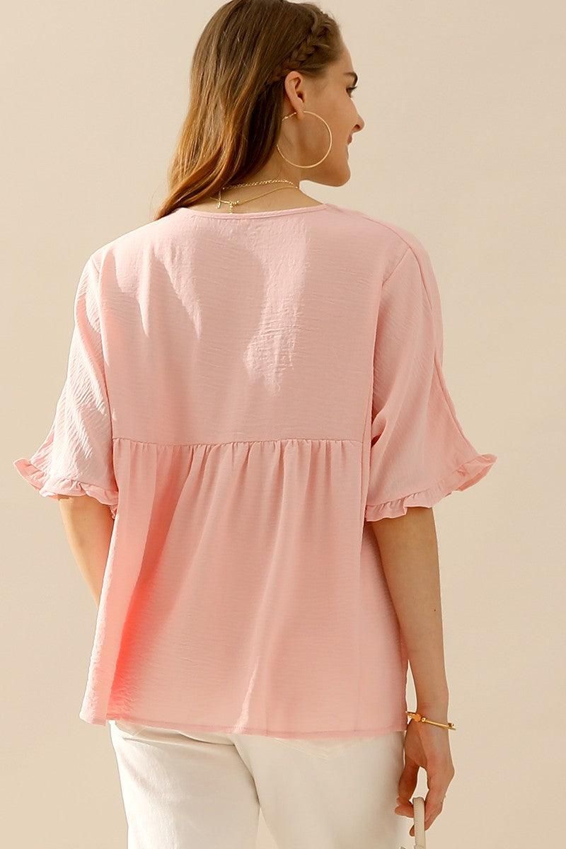 V NECK LOOSE CHIFFON RUFFLED TUNIC TOP - Doublju