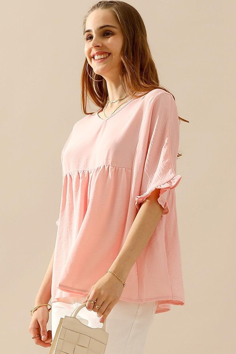 V NECK LOOSE CHIFFON RUFFLED TUNIC TOP - Doublju