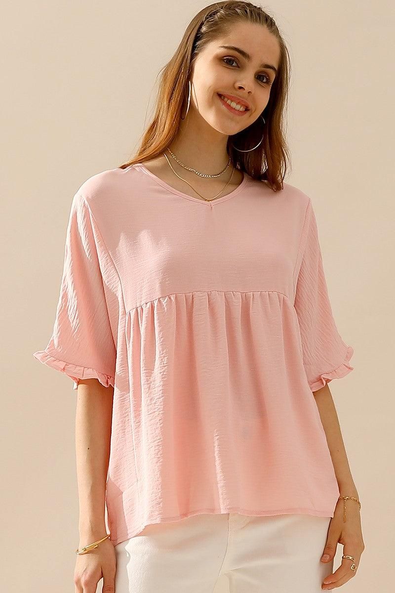 V NECK LOOSE CHIFFON RUFFLED TUNIC TOP - Doublju