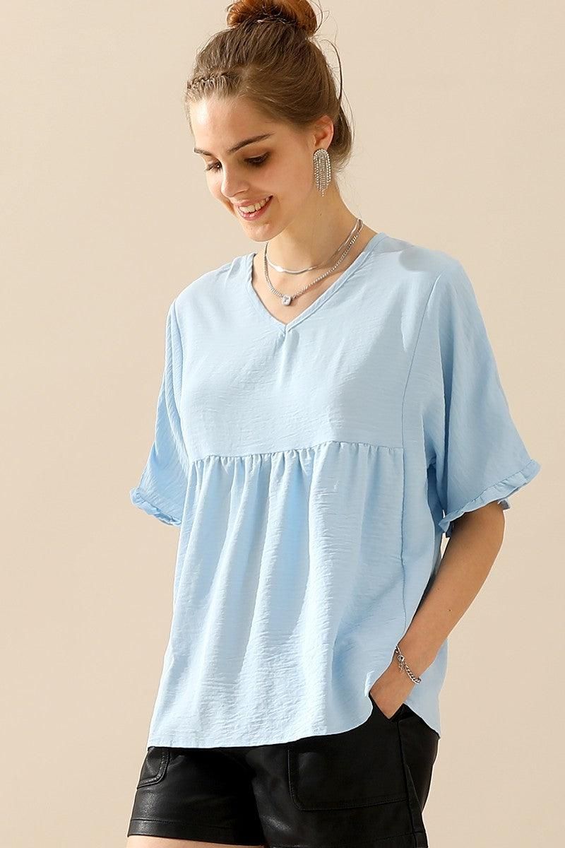 V NECK LOOSE CHIFFON RUFFLED TUNIC TOP - Doublju