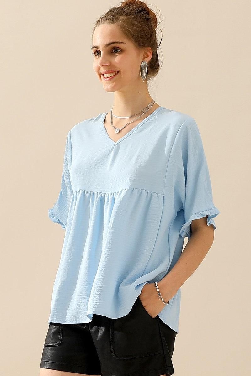 V NECK LOOSE CHIFFON RUFFLED TUNIC TOP - Doublju