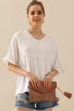 V NECK LOOSE CHIFFON RUFFLED TUNIC TOP - Doublju