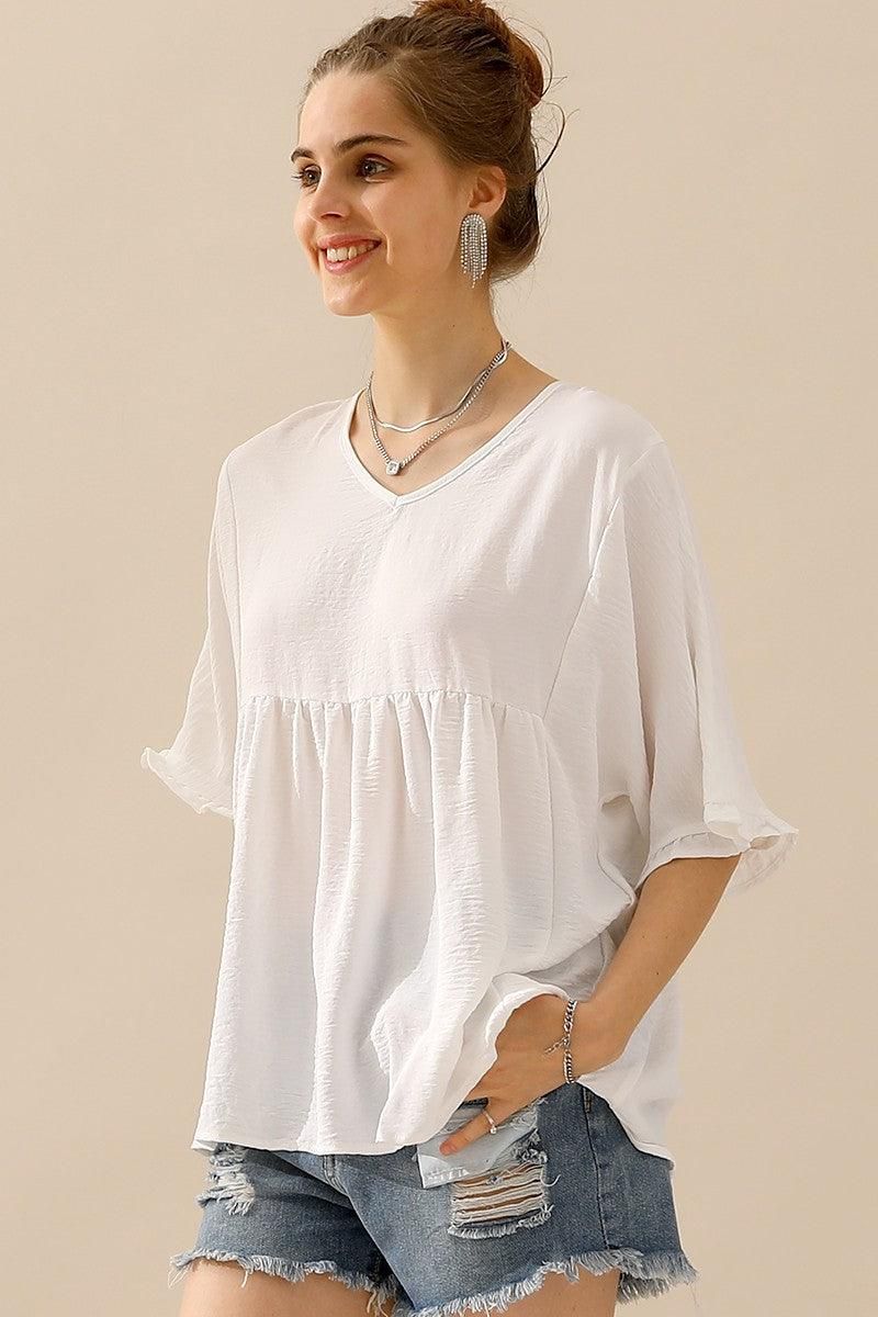 V NECK LOOSE CHIFFON RUFFLED TUNIC TOP - Doublju