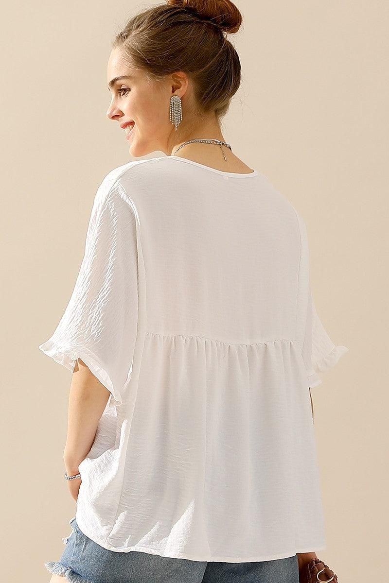 V NECK LOOSE CHIFFON RUFFLED TUNIC TOP - Doublju