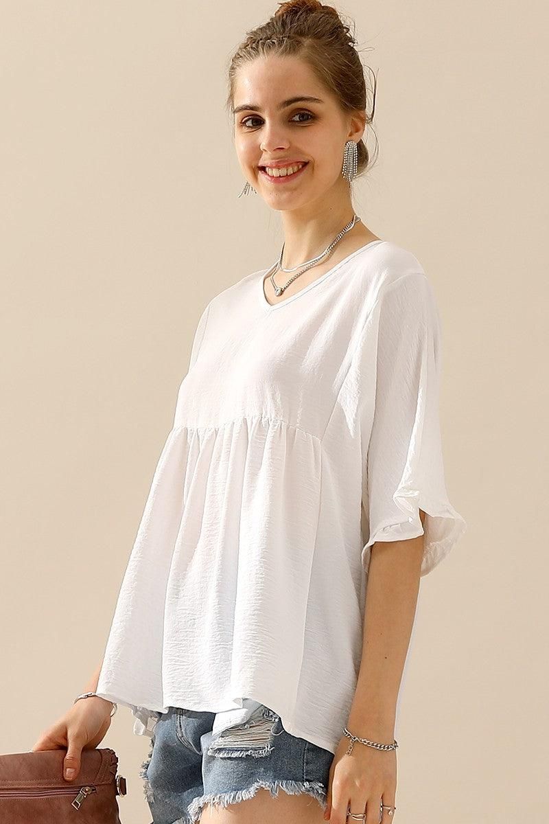 V NECK LOOSE CHIFFON RUFFLED TUNIC TOP - Doublju