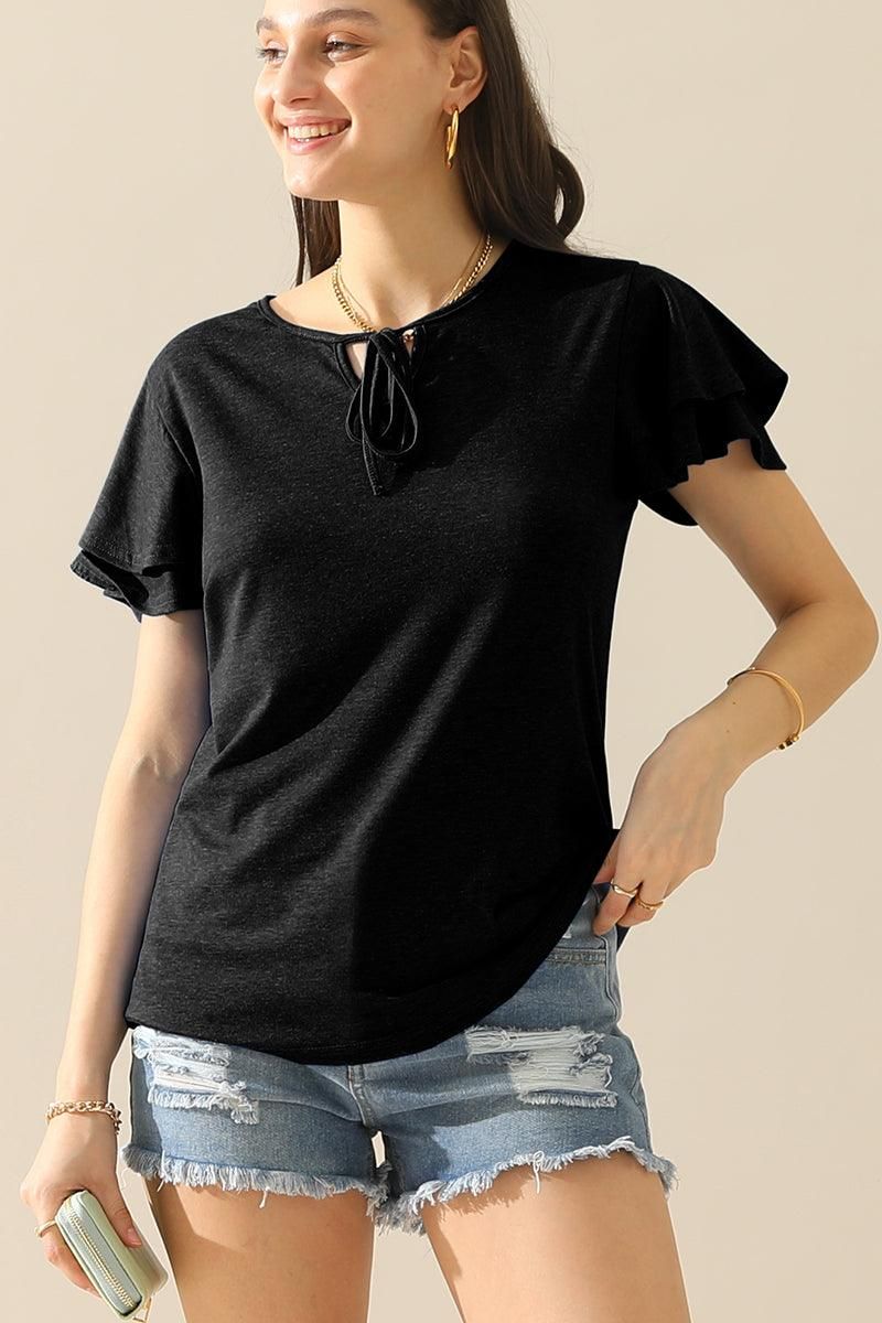 V NECK LACED PETAL SLEEVE SOLID TOP - Doublju