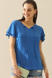 V NECK LACED PETAL SLEEVE SOLID TOP - Doublju