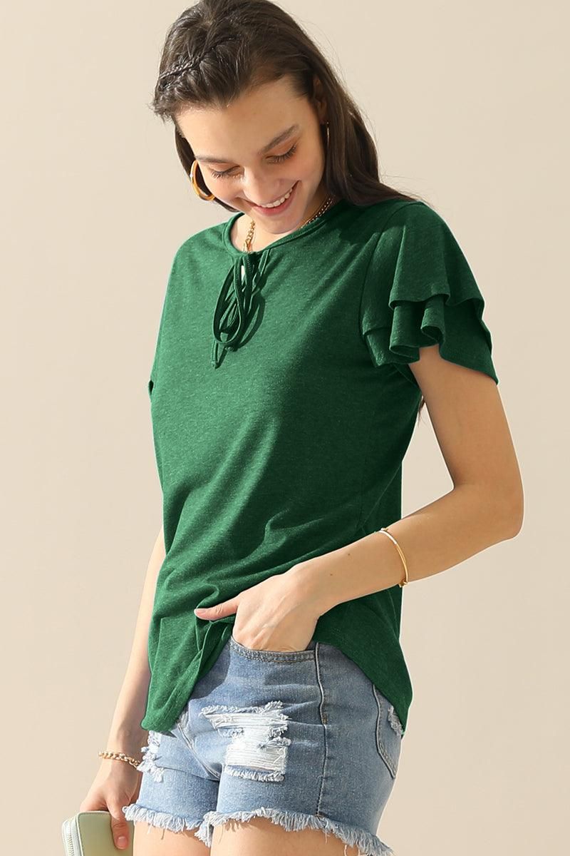 V NECK LACED PETAL SLEEVE SOLID TOP - Doublju