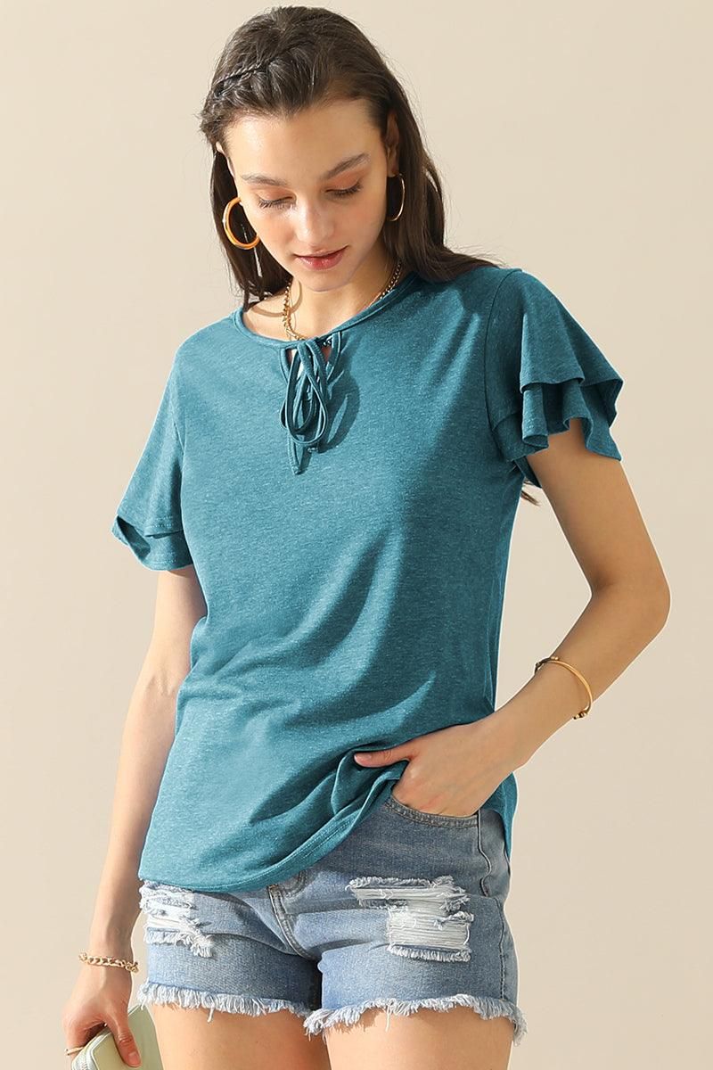 V NECK LACED PETAL SLEEVE SOLID TOP - Doublju