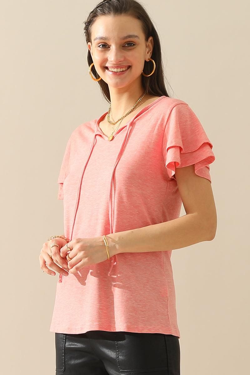 V NECK LACED PETAL SLEEVE SOLID TOP - Doublju