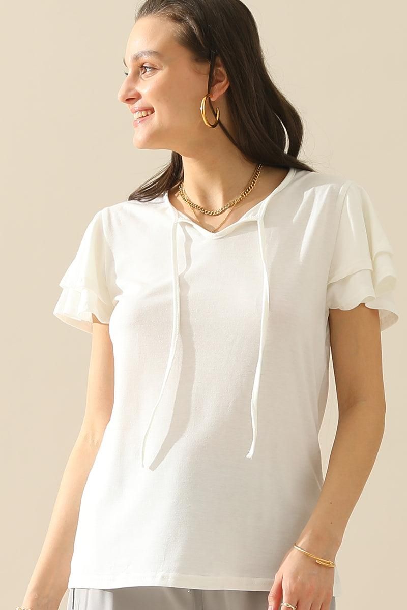 V NECK LACED PETAL SLEEVE SOLID TOP - Doublju