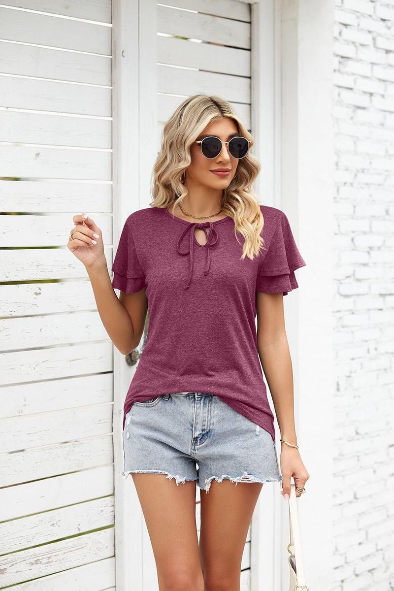 V NECK LACED PETAL SLEEVE SOLID TOP - Doublju