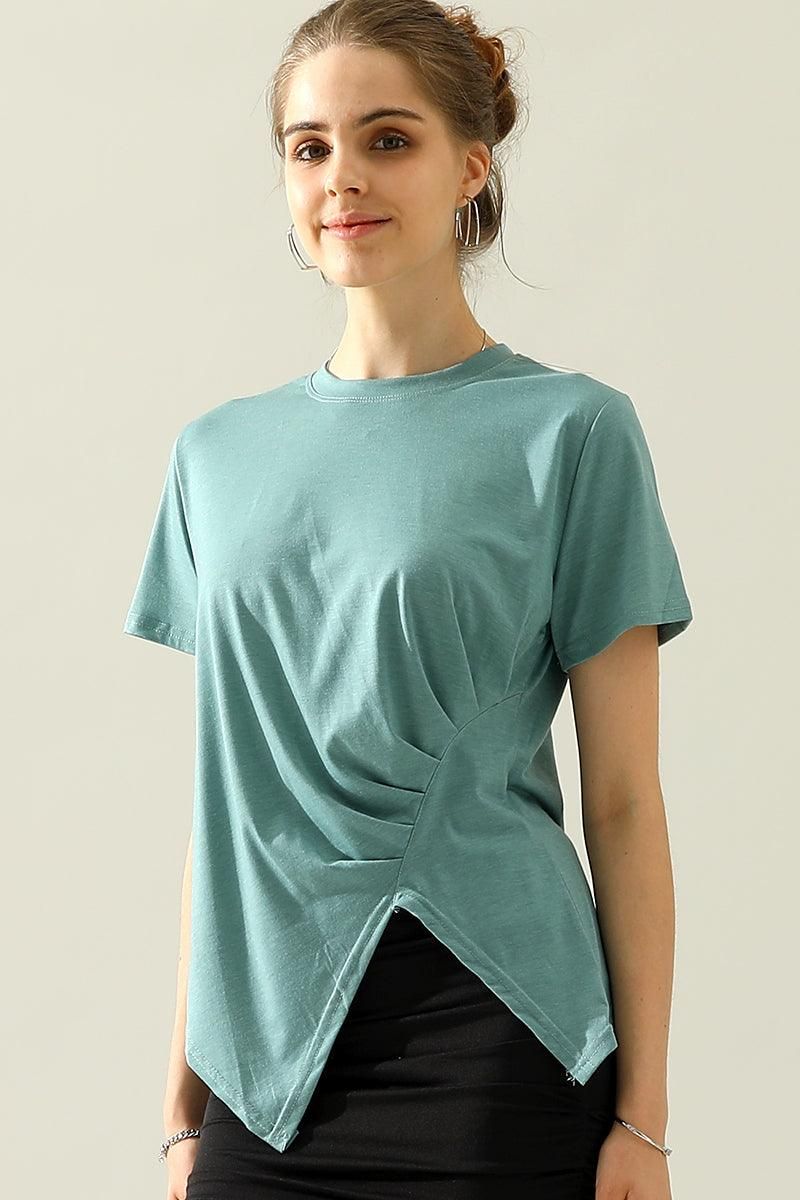 ROUND NECK RUFFLED SPLIT TOP - Doublju