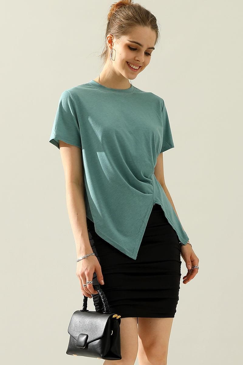 ROUND NECK RUFFLED SPLIT TOP - Doublju