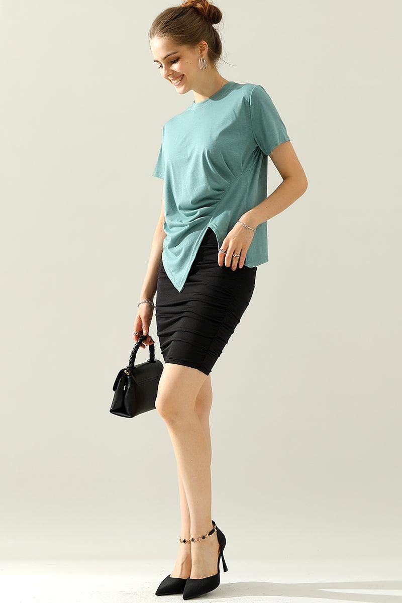 ROUND NECK RUFFLED SPLIT TOP - Doublju