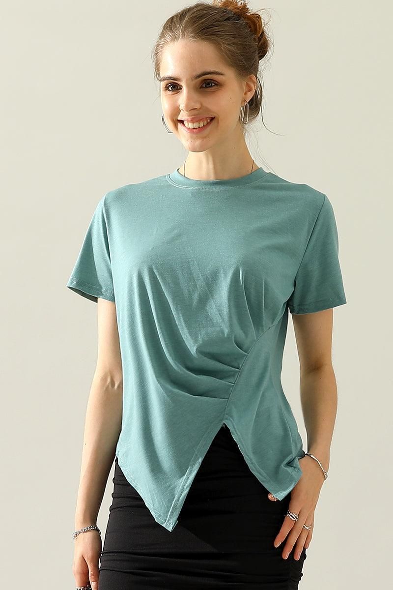 ROUND NECK RUFFLED SPLIT TOP - Doublju