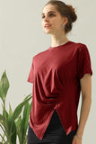 ROUND NECK RUFFLED SPLIT TOP - Doublju