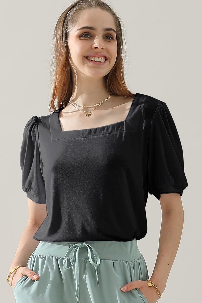 SQUARED NECKLINES RUFFLED LOOSE TEES - Doublju