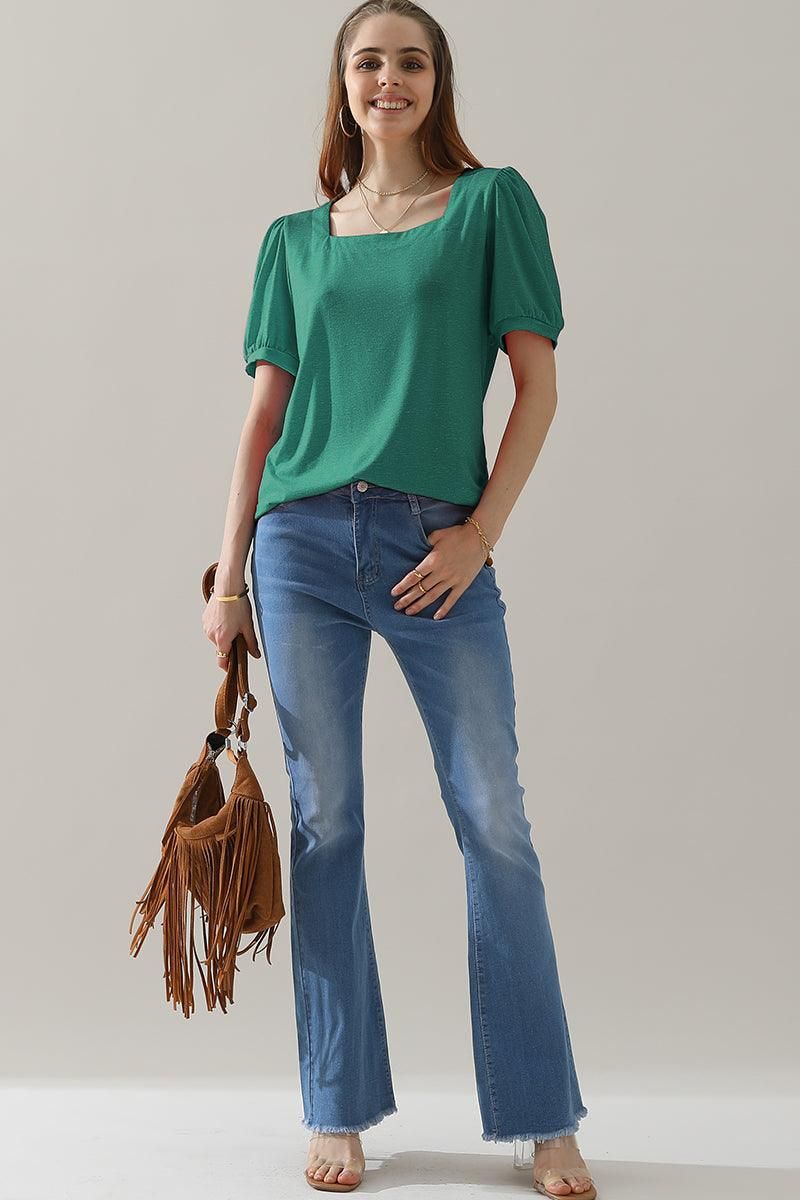 SQUARED NECKLINES RUFFLED LOOSE TEES - Doublju