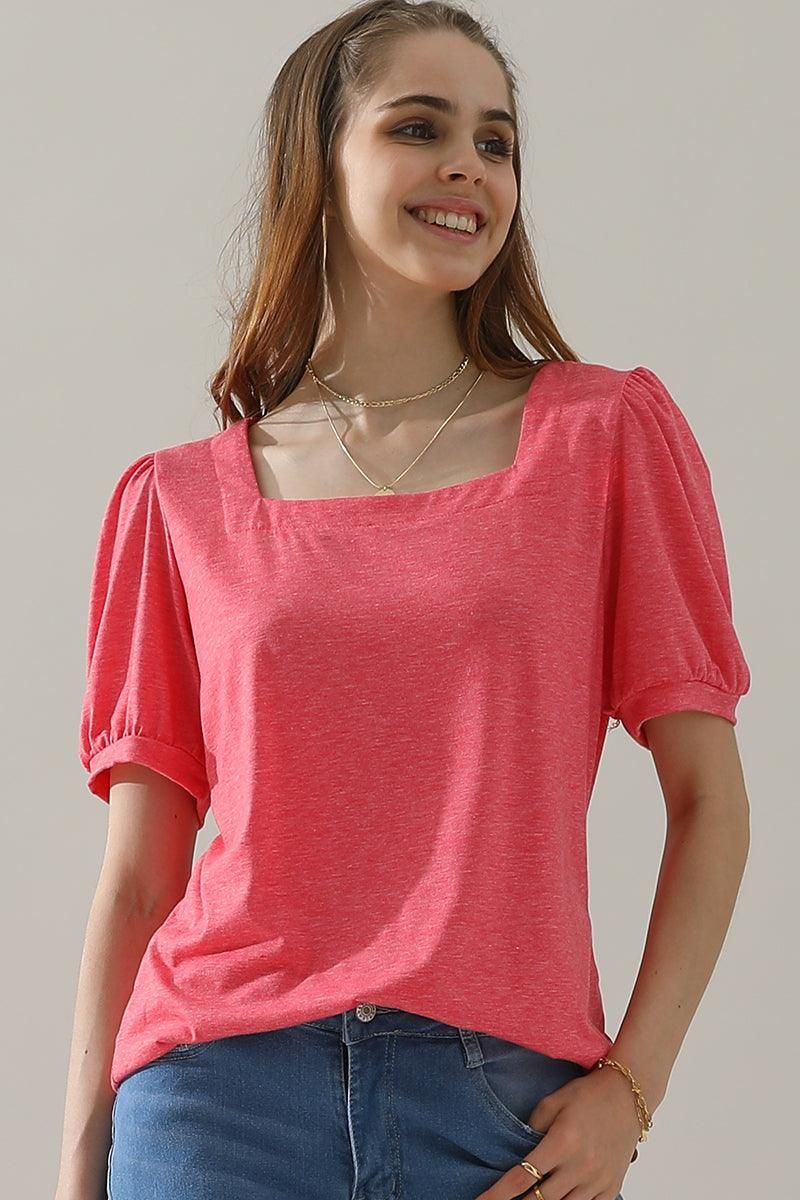 SQUARED NECKLINES RUFFLED LOOSE TEES - Doublju