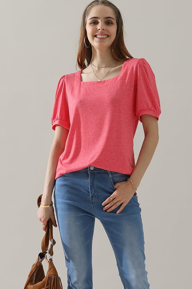 SQUARED NECKLINES RUFFLED LOOSE TEES - Doublju