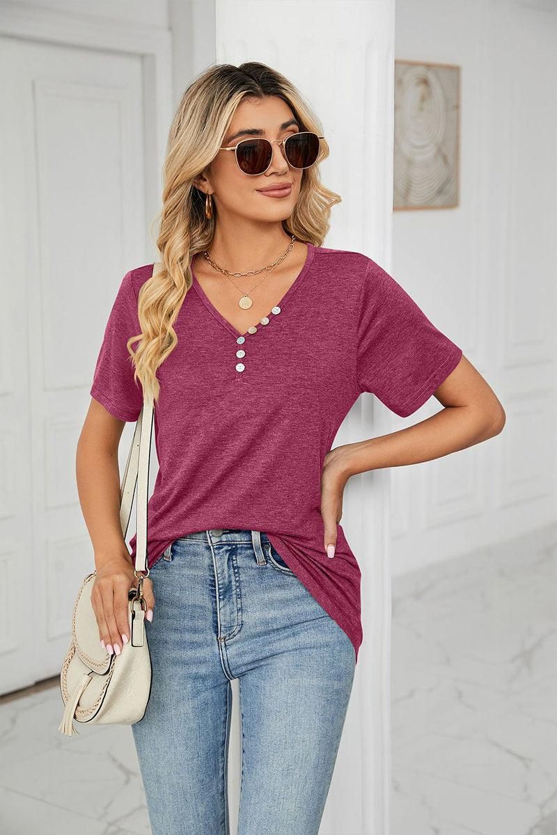 SOLID V NECK BUTTON DETAILED LOOSE TOP - Doublju