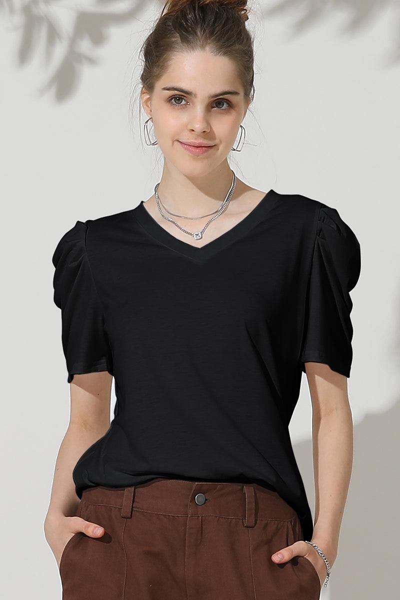 PUFFED SLEEVE SOLID CASUAL TOP - Doublju