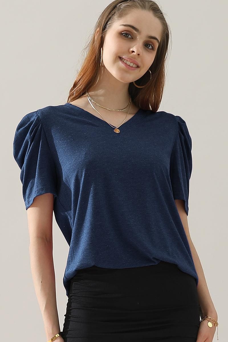 PUFFED SLEEVE SOLID CASUAL TOP - Doublju