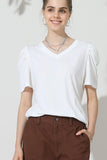 PUFFED SLEEVE SOLID CASUAL TOP - Doublju