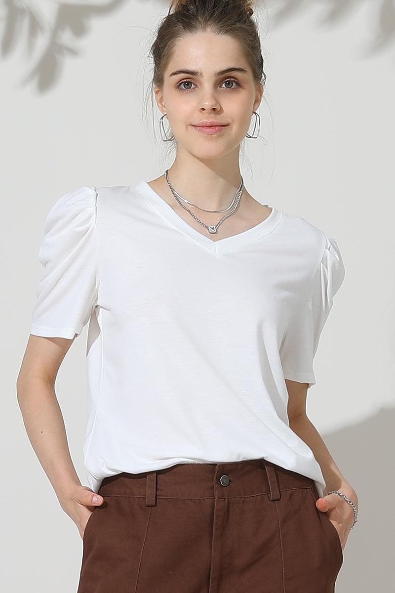 PUFFED SLEEVE SOLID CASUAL TOP - Doublju