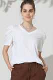 PUFFED SLEEVE SOLID CASUAL TOP - Doublju