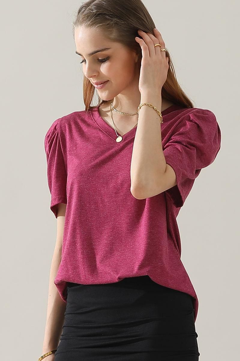 PUFFED SLEEVE SOLID CASUAL TOP - Doublju