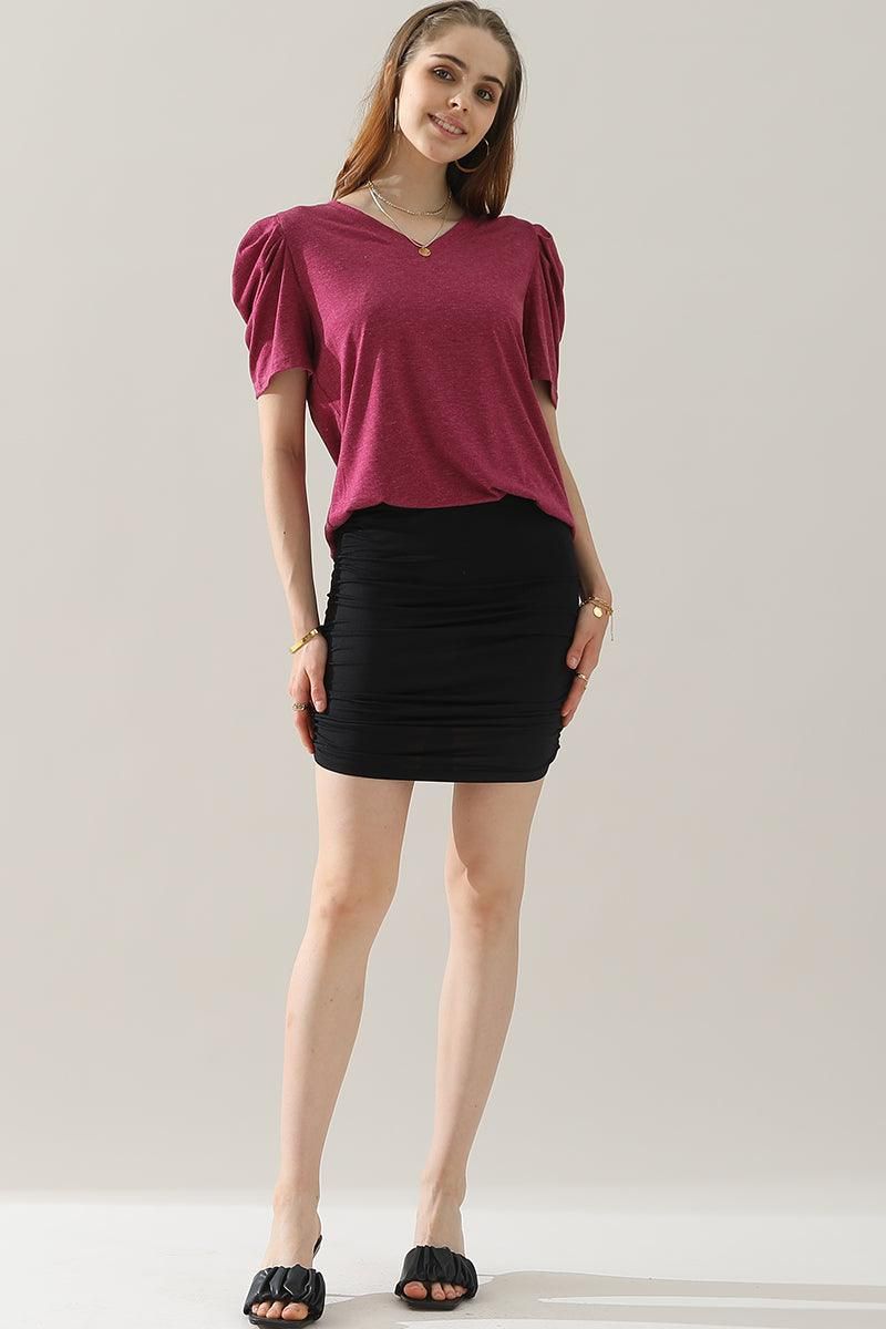 PUFFED SLEEVE SOLID CASUAL TOP - Doublju