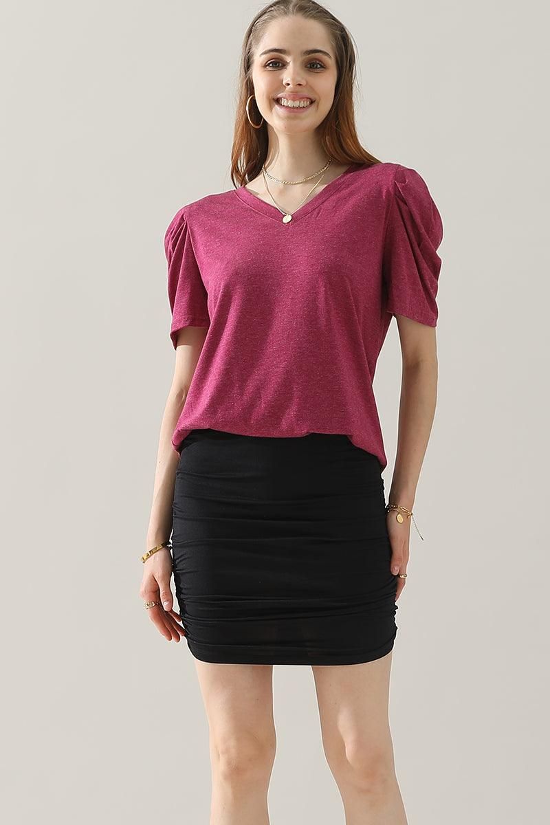 PUFFED SLEEVE SOLID CASUAL TOP - Doublju