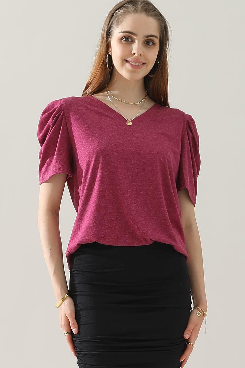 PUFFED SLEEVE SOLID CASUAL TOP - Doublju