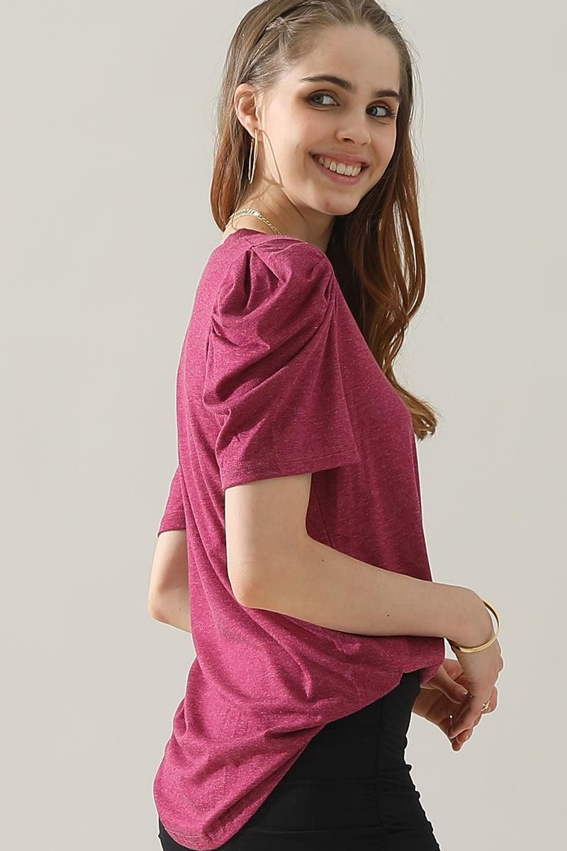 PUFFED SLEEVE SOLID CASUAL TOP - Doublju