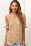 V NECK CUT OUT LACE PRINCESS SLEEVE KNIT TOP - Doublju