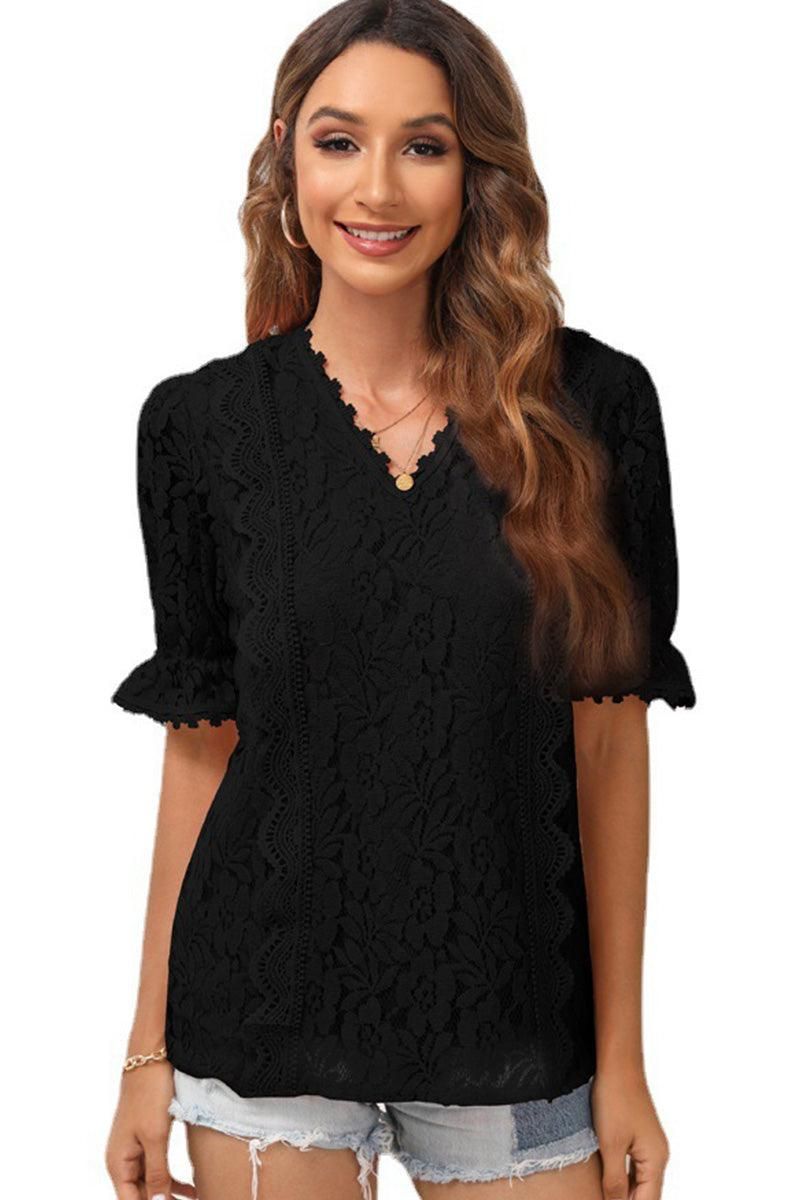 V NECK CUT OUT LACE PRINCESS SLEEVE KNIT TOP - Doublju