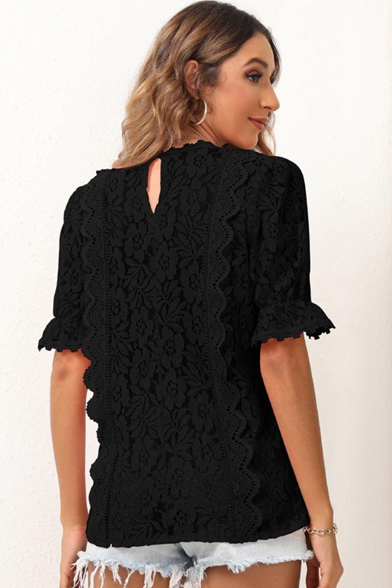 V NECK CUT OUT LACE PRINCESS SLEEVE KNIT TOP - Doublju