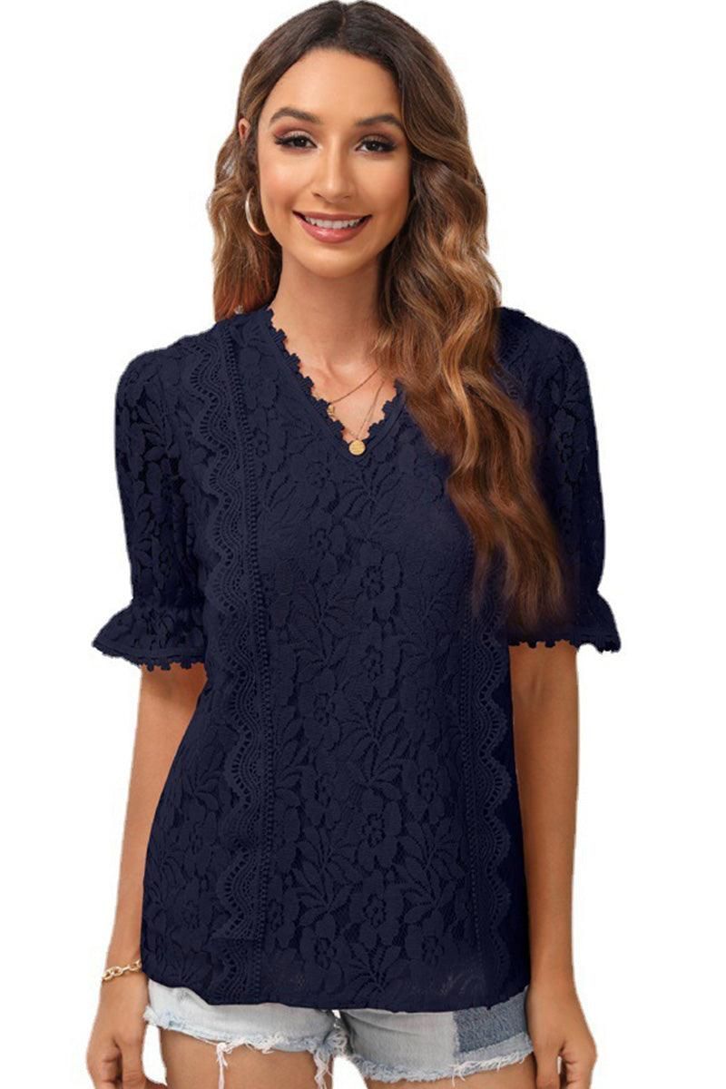 V NECK CUT OUT LACE PRINCESS SLEEVE KNIT TOP - Doublju