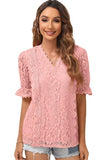 V NECK CUT OUT LACE PRINCESS SLEEVE KNIT TOP - Doublju
