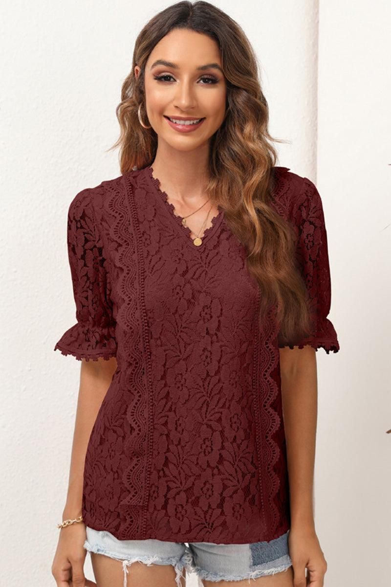 V NECK CUT OUT LACE PRINCESS SLEEVE KNIT TOP - Doublju