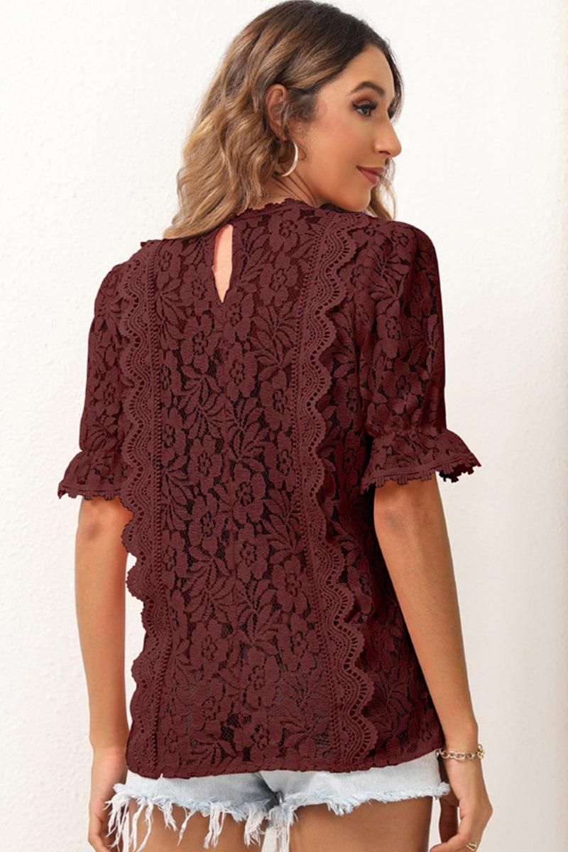 V NECK CUT OUT LACE PRINCESS SLEEVE KNIT TOP - Doublju